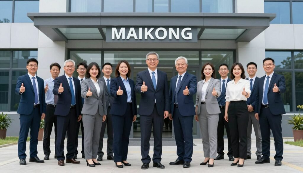 MAIKONG team members in front of company headquarters building welcoming UK partners