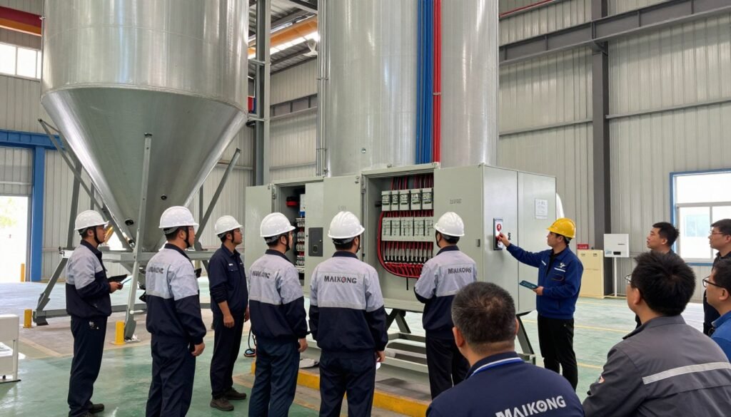 MAIKONG technical engineers conducting installation and training at customer feed mill facility MAIKONG technical engineers conducting installation and training at customer feed mill facility