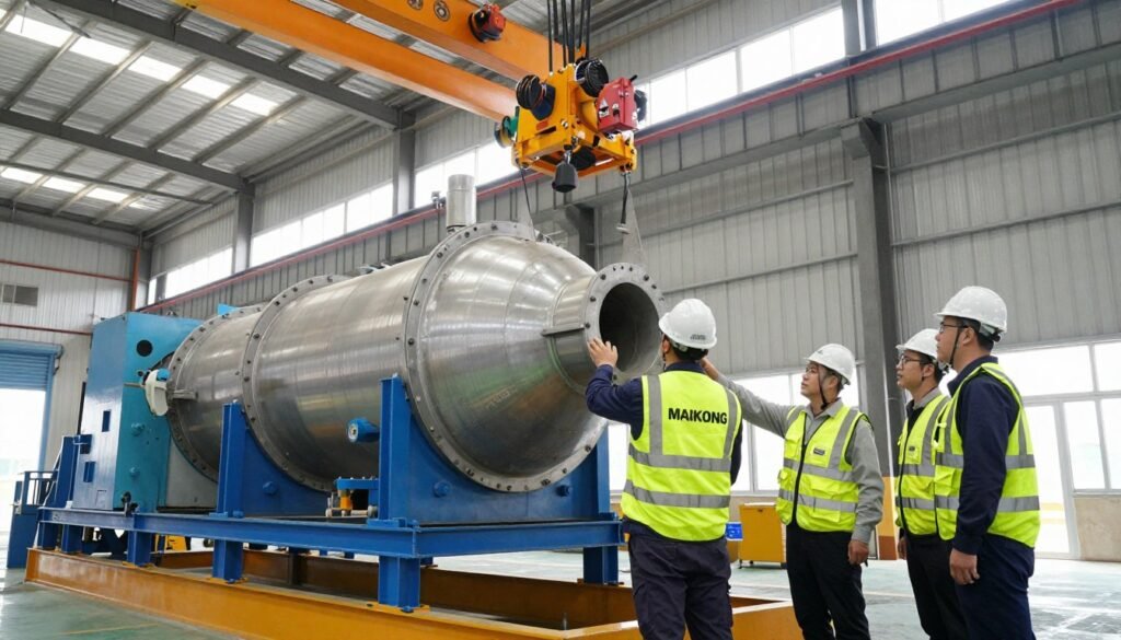 MAIKONG technical team installing pellet production line equipment with client personnel observing installation process