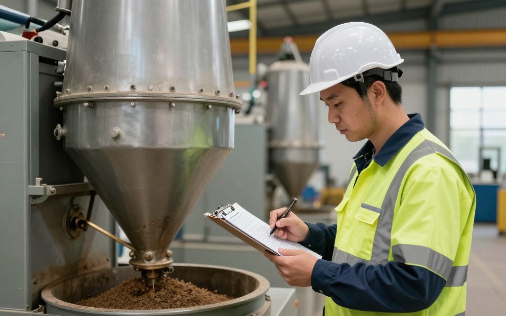 Maintenance technician performing daily inspection on cattle feed production equipment Maintenance technician performing daily inspection on cattle feed production equipment