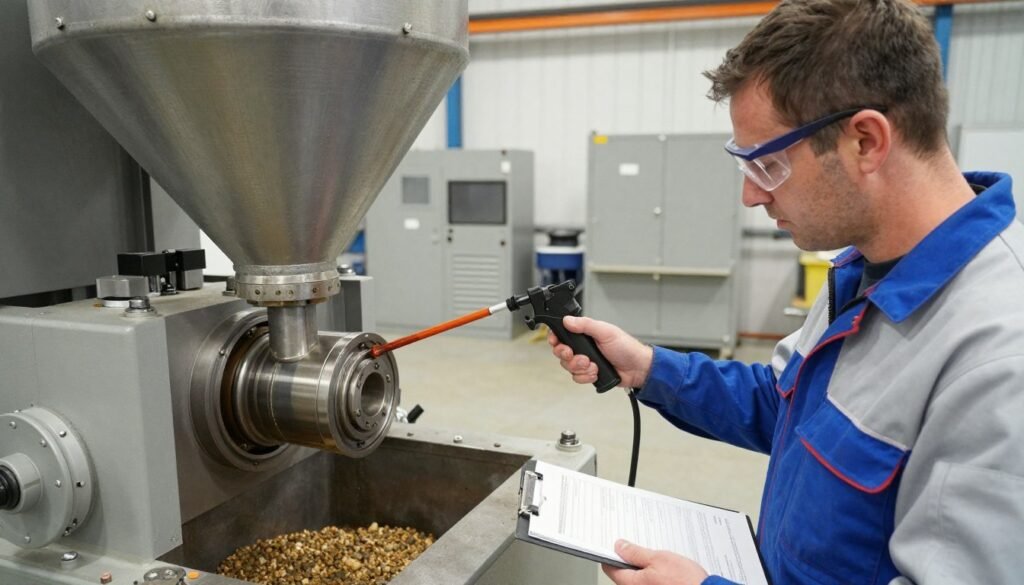 Maintenance technician performing preventive inspection on cattle feed pellet mill showing proper lubrication points and wear inspection procedures