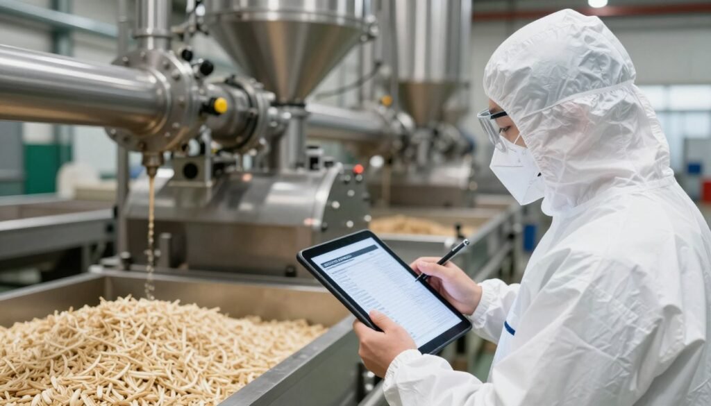 Maintenance technician performing routine inspection on biomass pellet production line with checklist Maintenance technician performing routine inspection on biomass pellet production line with checklist