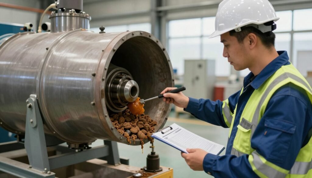 Maintenance technician performing routine inspection on wood pellet mill Maintenance technician performing routine inspection on wood pellet mill