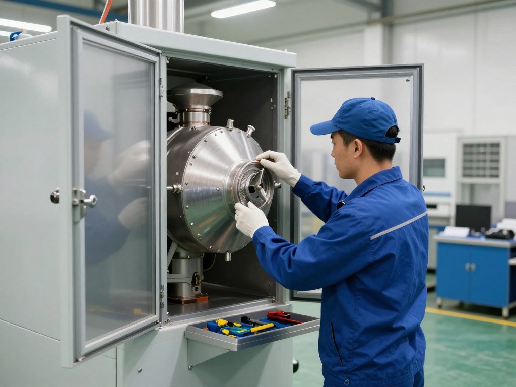 Maintenance technician performing routine service on feed production equipment