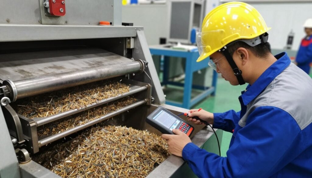Maintenance technician performing scheduled inspection on aquatic feed production equipment Maintenance technician performing scheduled inspection on aquatic feed production equipment