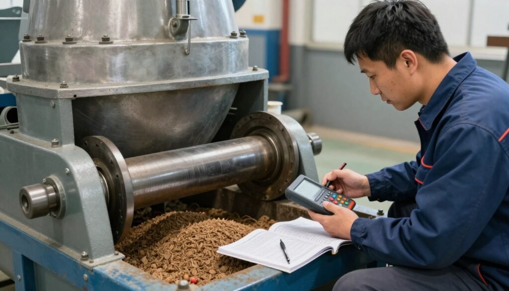 Maintenance technician troubleshooting pellet mill equipment