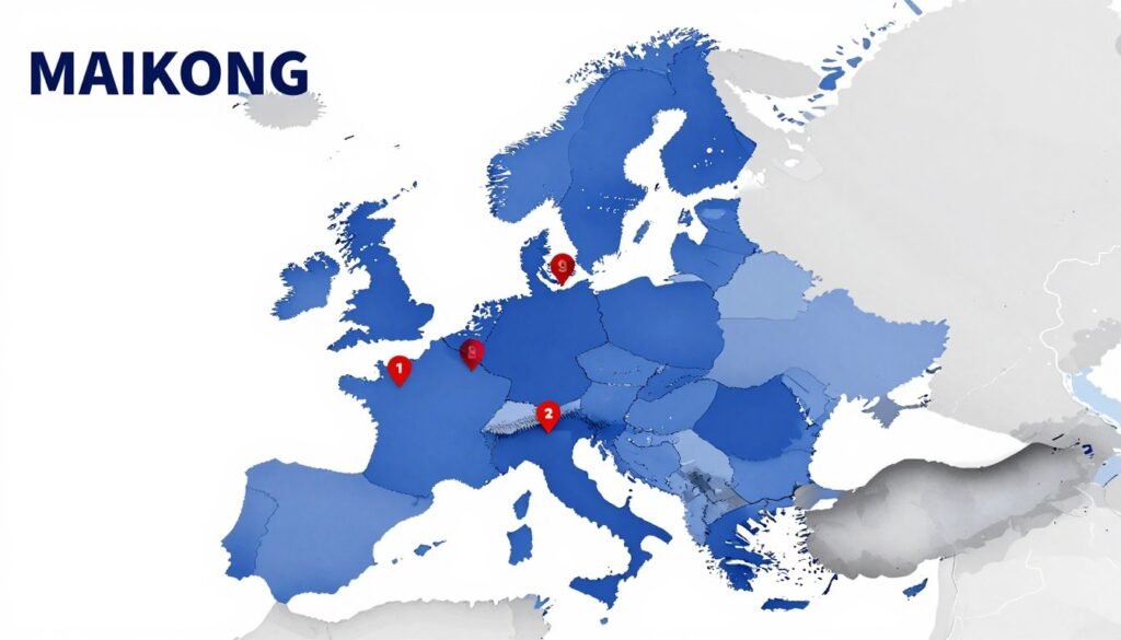Map showing MAIKONG feed production line installations across Europe including UK, Germany, Netherlands, Belgium, Austria, Portugal Map showing MAIKONG feed production line installations across Europe including UK, Germany, Netherlands, Belgium, Austria, Portugal