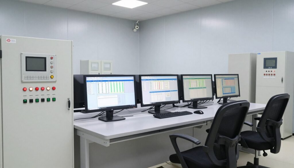 Medium capacity feed mill control room with PLC automation system and monitoring screens