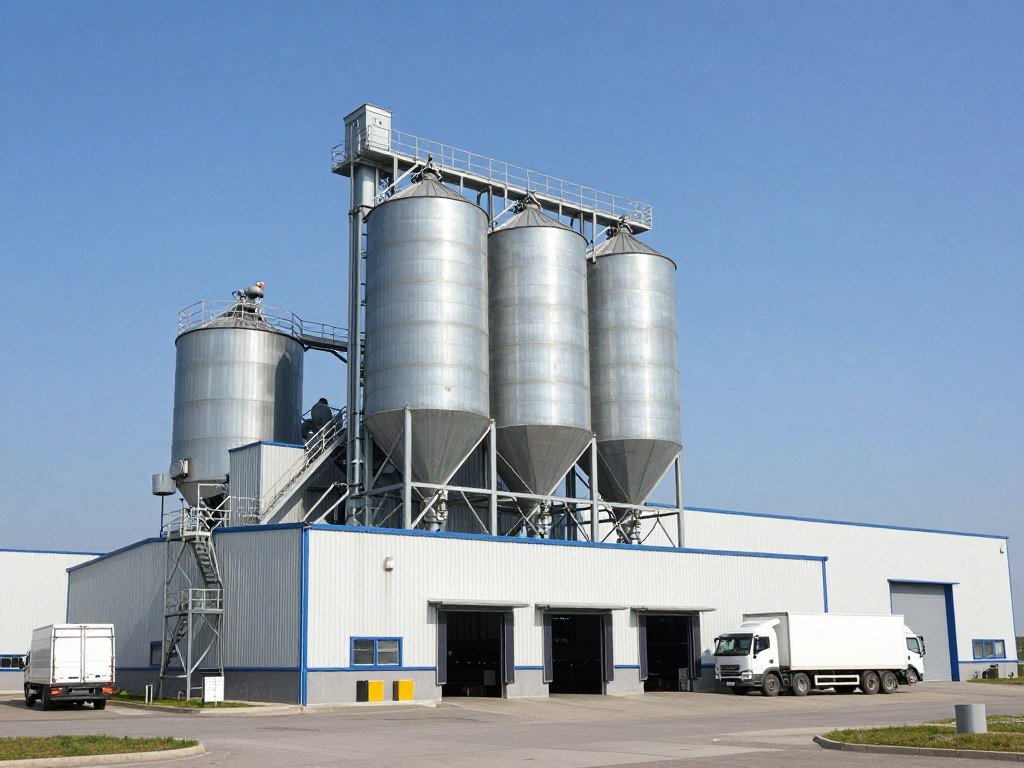 Medium-scale commercial animal feed mill facility exterior