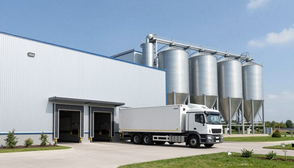 Modern European feed mill facility exterior view