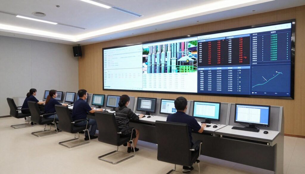 Modern feed mill control room showing integrated data systems and production monitoring