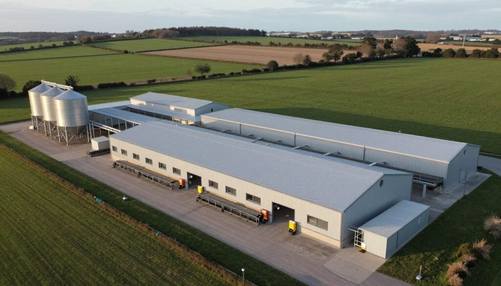 Modern poultry farm with feed mill building