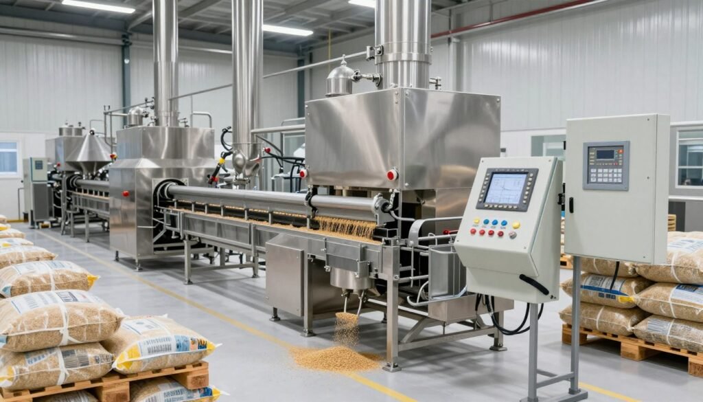 Modern poultry feed pellet production facility in Netherlands showing automated control systems and pellet packaging area