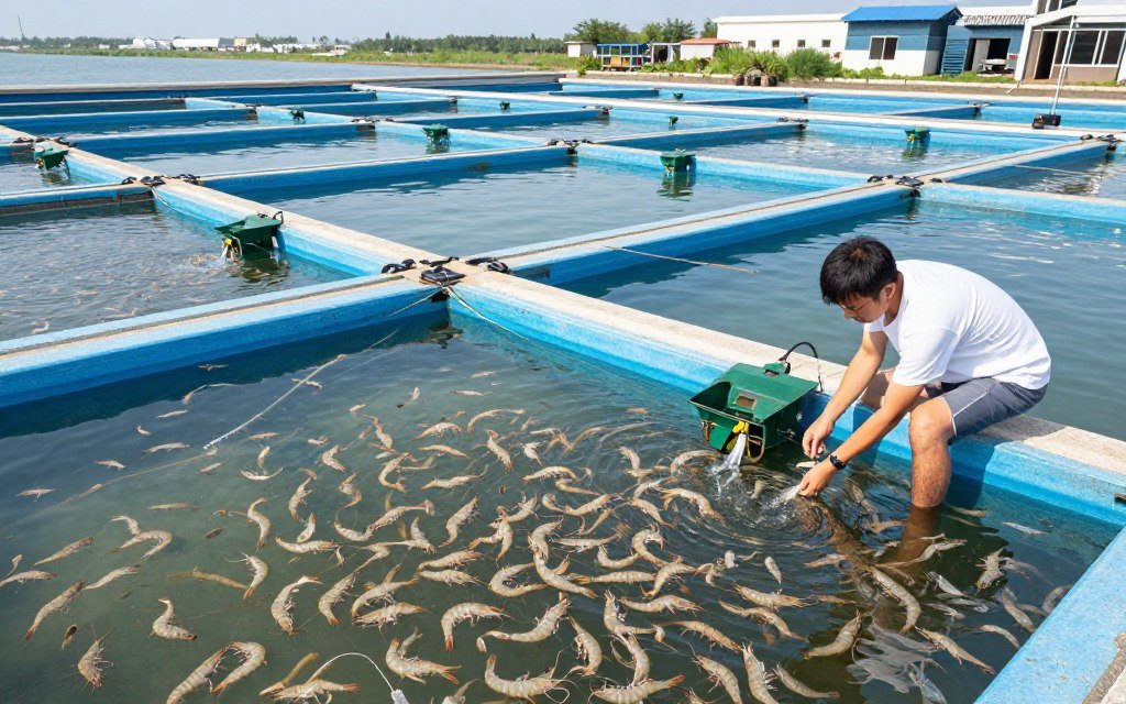 Modern shrimp farming facility with quality feed Modern shrimp farming facility with quality feed
