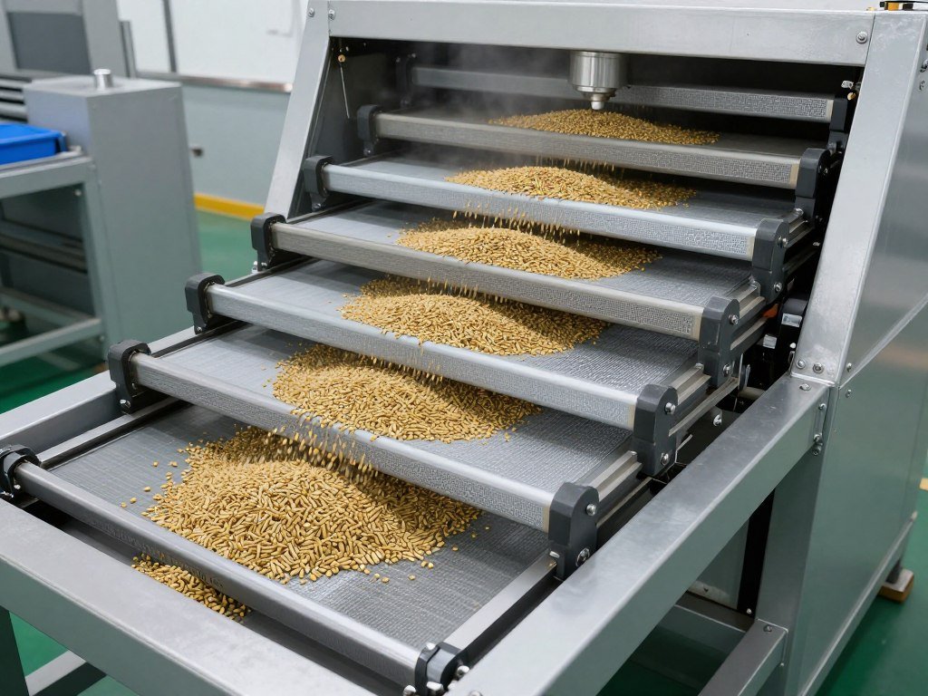 Multi-deck vibrating screen separating aquatic feed pellets by size Multi-deck vibrating screen separating aquatic feed pellets by size