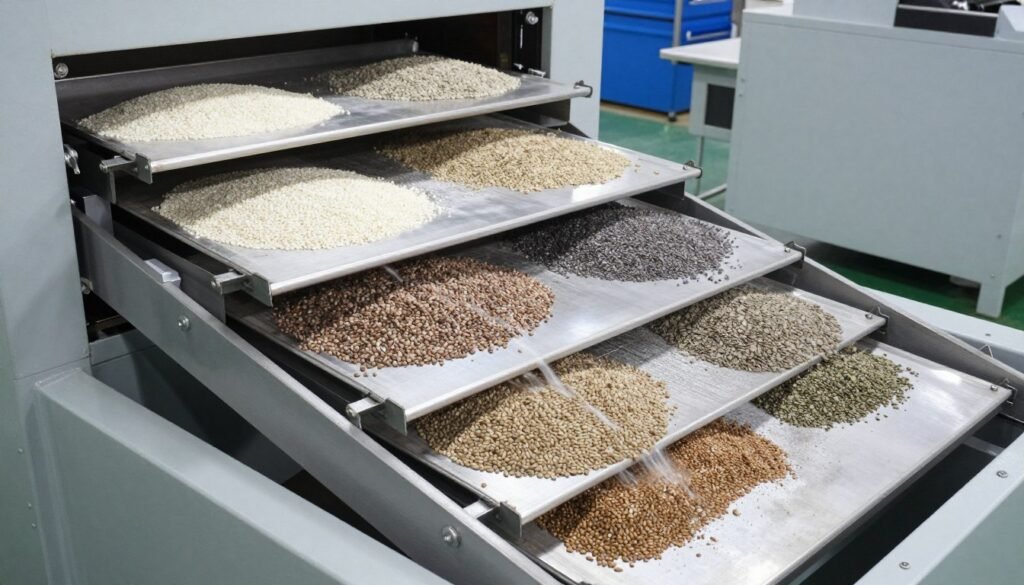 Multi-deck vibrating screen separating pellet sizes Multi-deck vibrating screen separating pellet sizes