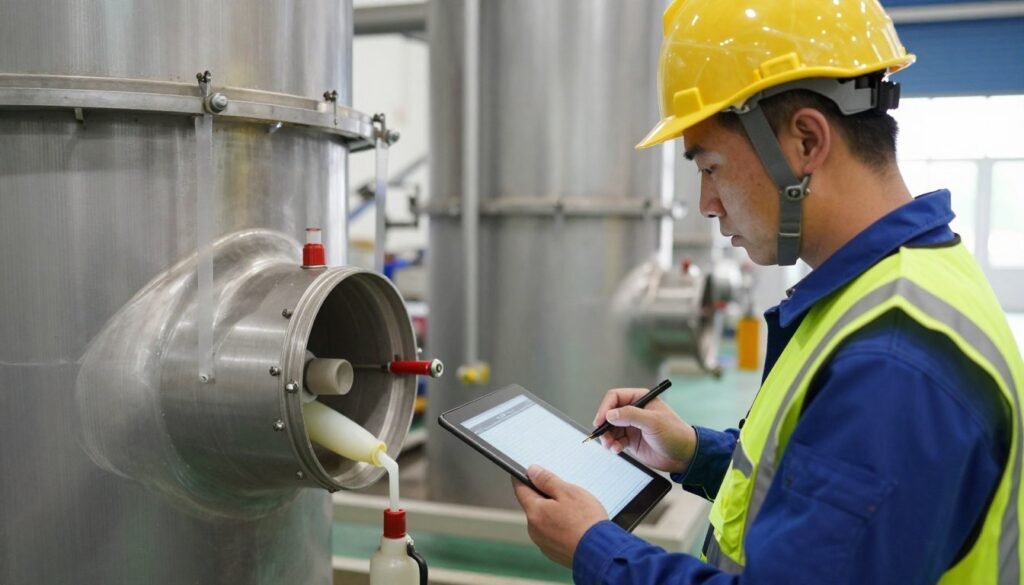 Operator conducting daily inspection checklist on pellet production equipment Operator conducting daily inspection checklist on pellet production equipment