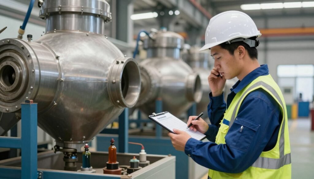 Operator conducting daily inspection of pellet mill with checklist Operator conducting daily inspection of pellet mill with checklist