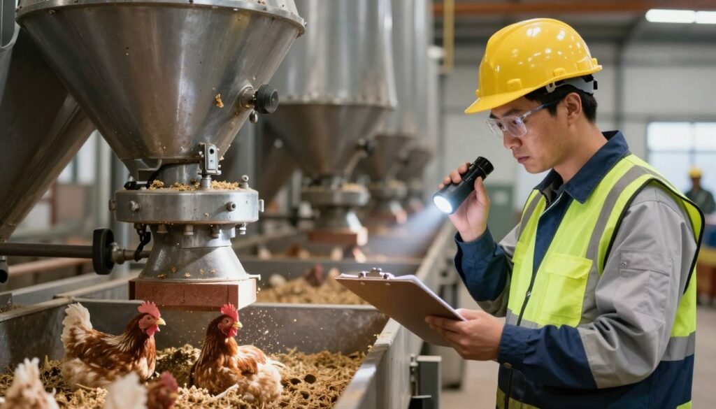 Operator conducting daily inspection on chicken feed production line Operator conducting daily inspection on chicken feed production line