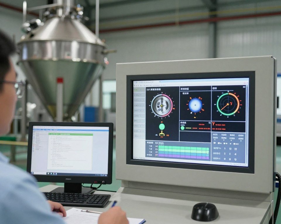 Operator monitoring pellet mill control panel and production parameters Operator monitoring pellet mill control panel and production parameters