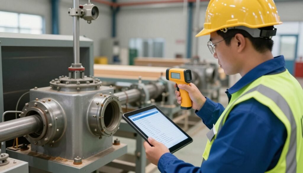 Operator performing daily inspection on wood pellet mill with checklist Operator performing daily inspection on wood pellet mill with checklist