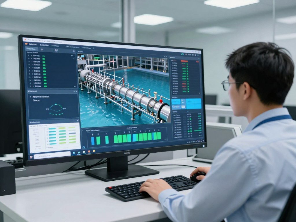 Operator using touchscreen HMI to control production process Operator using touchscreen HMI to control production process