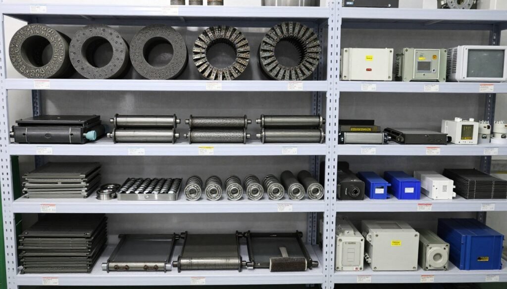 Organized spare parts inventory for pellet production equipment including dies, rollers, and bearings Organized spare parts inventory for pellet production equipment including dies, rollers, and bearings