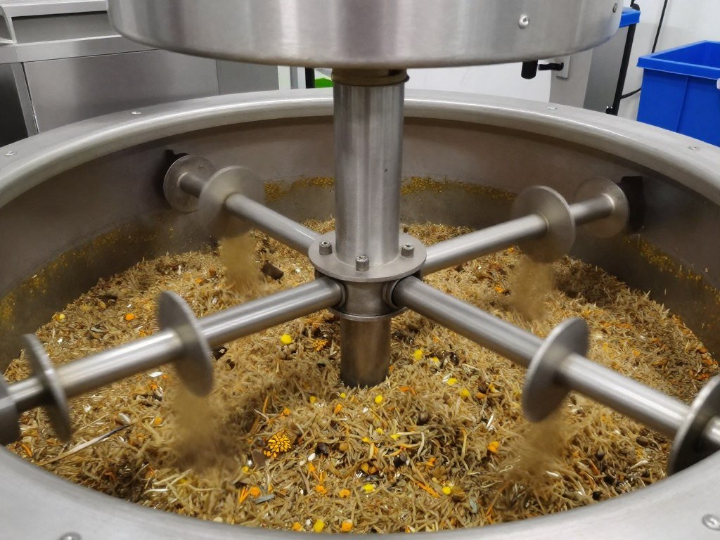 Paddle mixer in operation blending aquatic feed ingredients Paddle mixer in operation blending aquatic feed ingredients