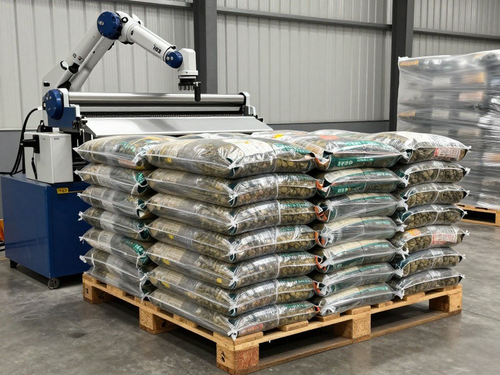 Palletiser stacking finished aquatic feed bags