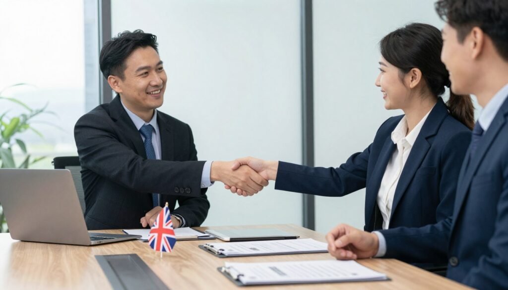 Partnership handshake with UK and company flags