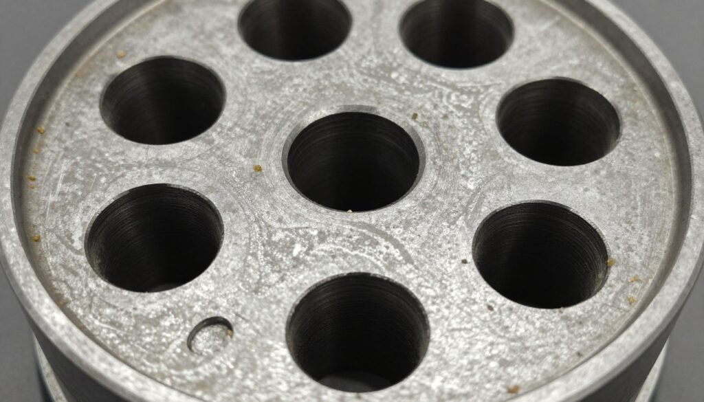 Pellet mill die showing blockage and wear patterns requiring maintenance Pellet mill die showing blockage and wear patterns requiring maintenance