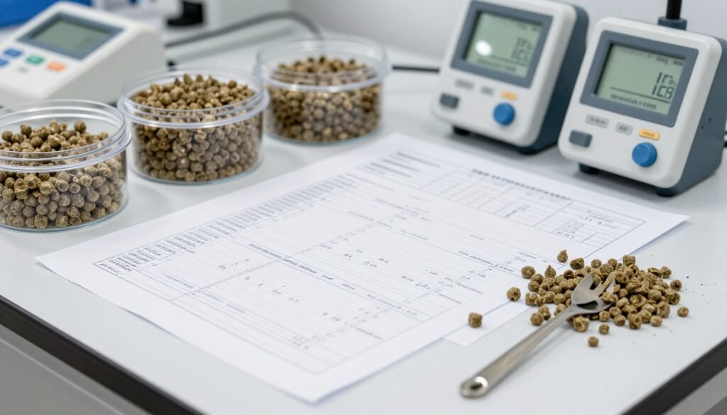 Performance testing documentation showing cattle feed pellet quality analysis results Performance testing documentation showing cattle feed pellet quality analysis results