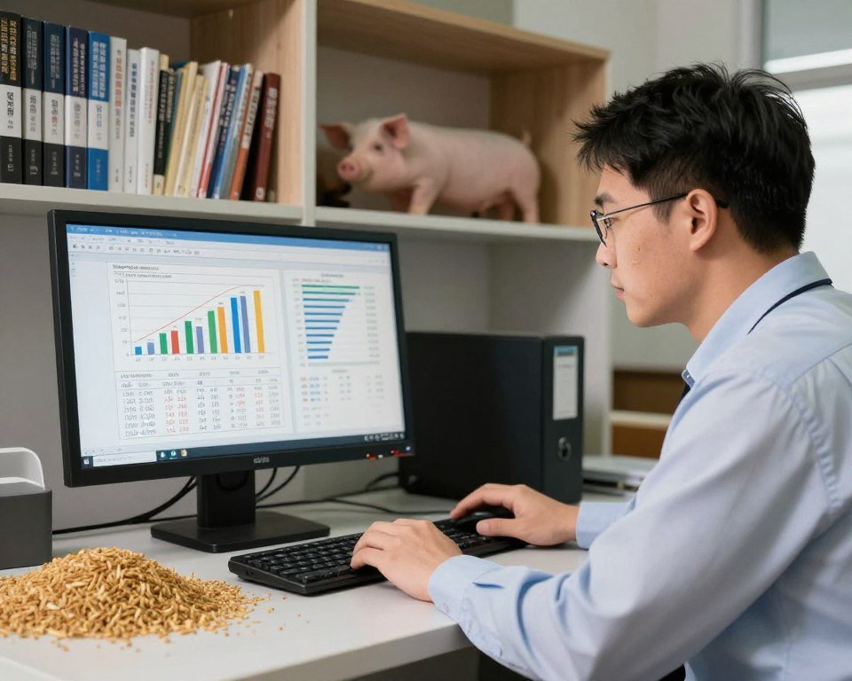 Pig farm manager reviewing feed mill performance data