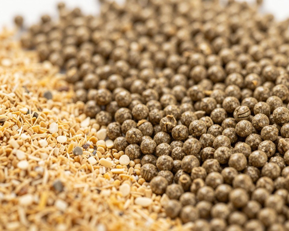 Poultry feed pellets in different sizes for various bird ages