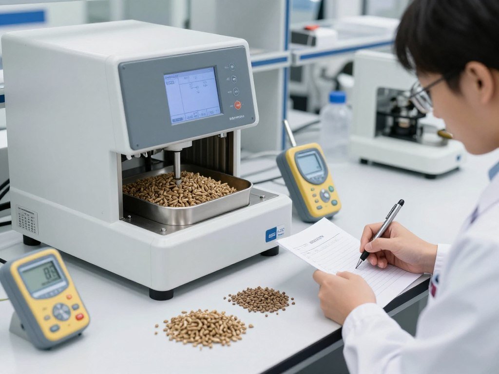 Quality control testing of finished biomass pellets in laboratory setting Quality control testing of finished biomass pellets in laboratory setting