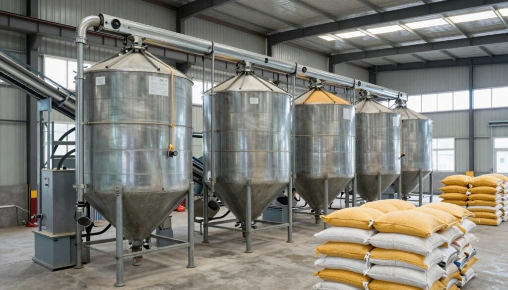 Raw feed ingredients in storage silos ready for chicken feed processing