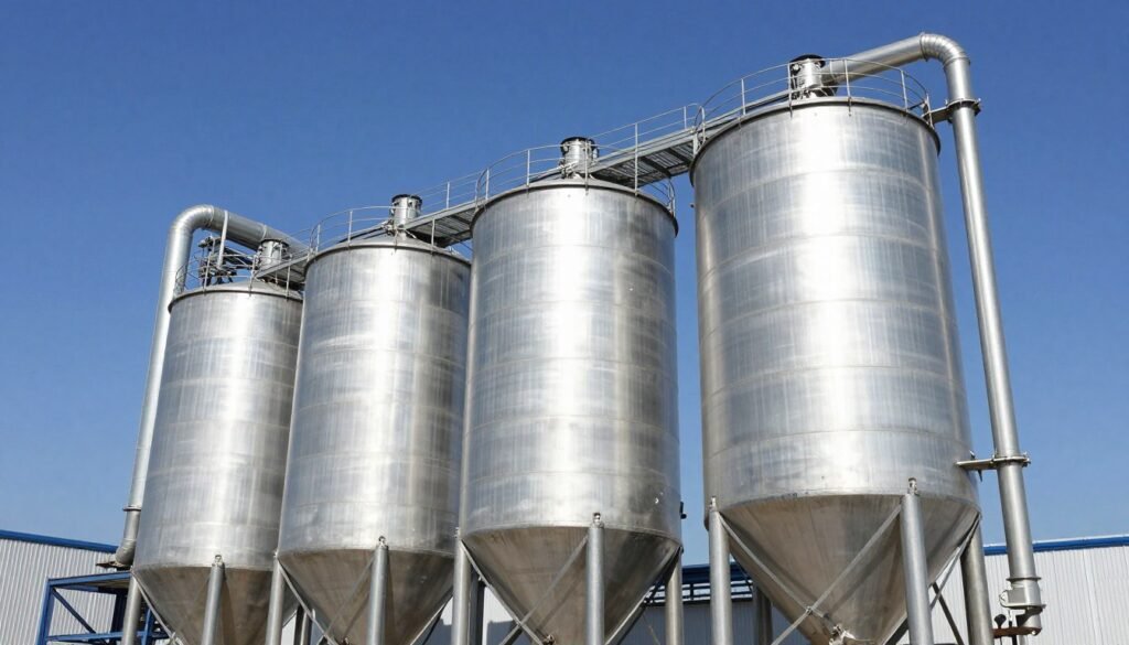 Raw material storage silos for shrimp feed production facility Raw material storage silos for shrimp feed production facility