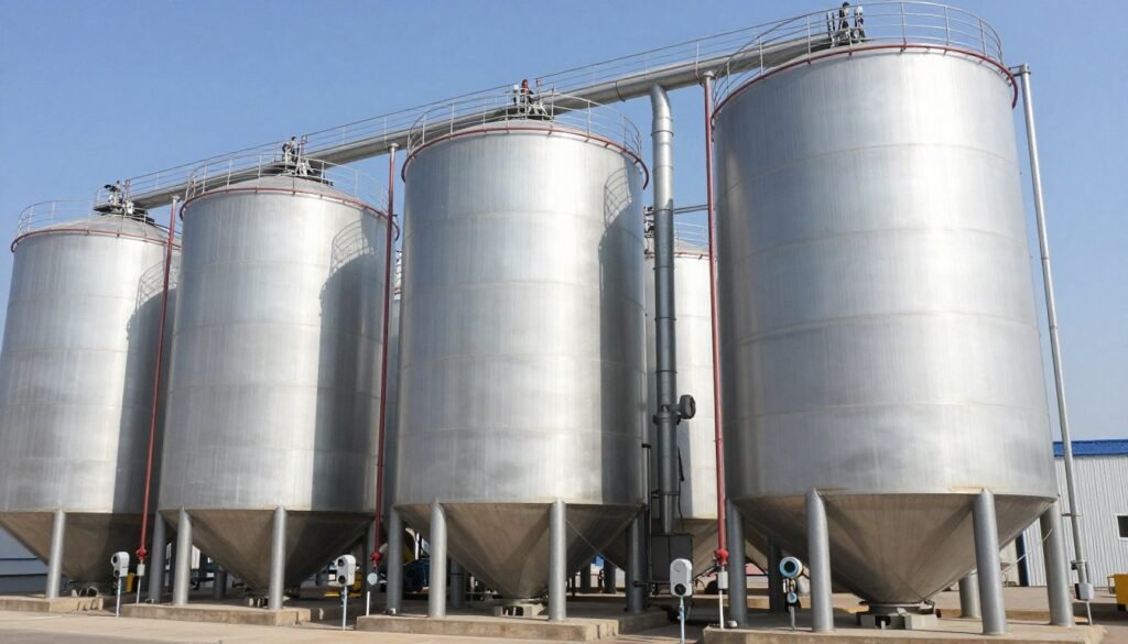 Raw material storage silos with automated feeding systems