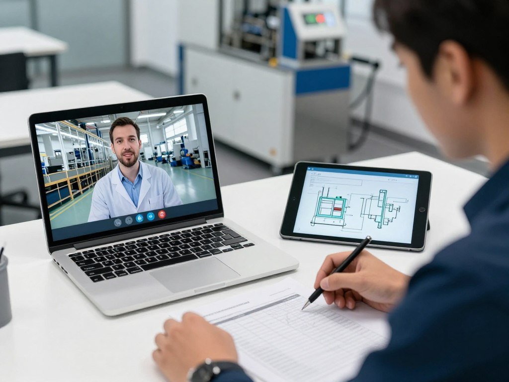 Remote technical support session with video conferencing and equipment documentation