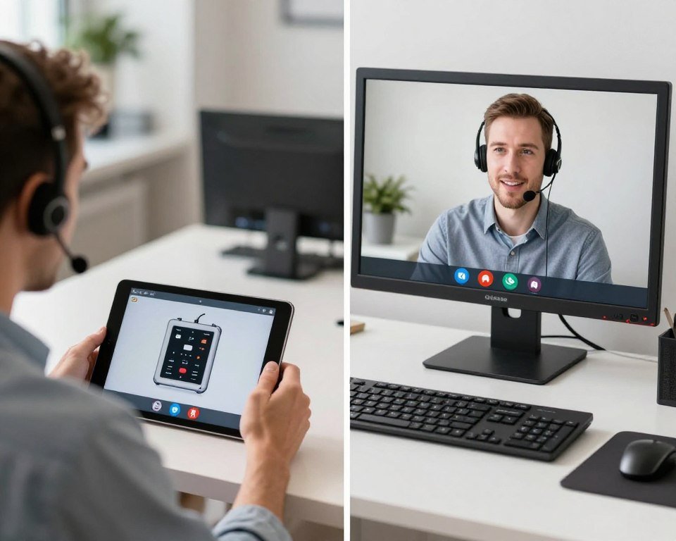 Remote video troubleshooting session between technician and support engineer Remote video troubleshooting session between technician and support engineer