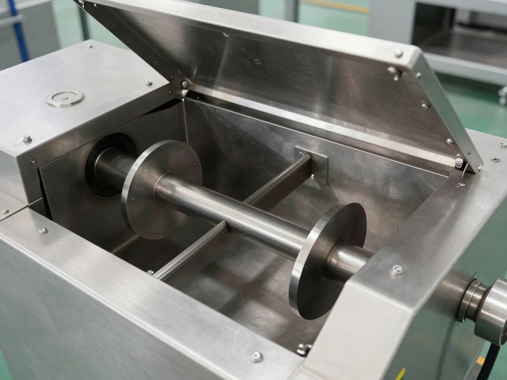 Ribbon mixer showing interior blending paddles for biomass materials Ribbon mixer showing interior blending paddles for biomass materials