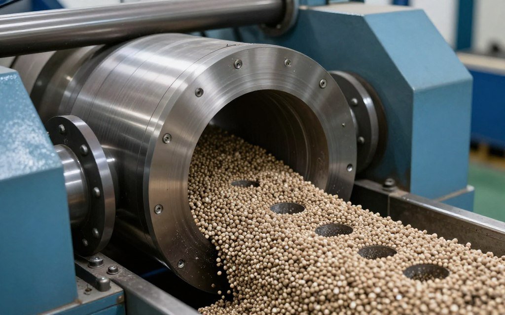 Ring die pellet mill machine with visible die rollers and pellet discharge showing pellet formation process