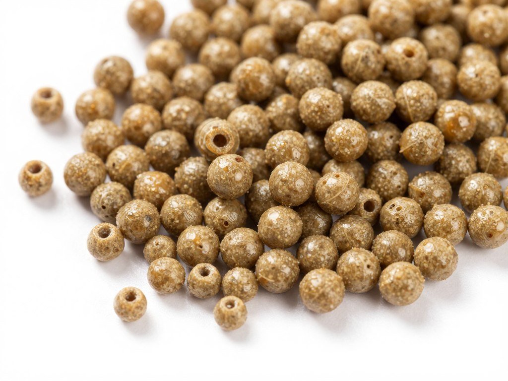 Salmon feed pellets showing size variation and quality characteristics Salmon feed pellets showing size variation and quality characteristics