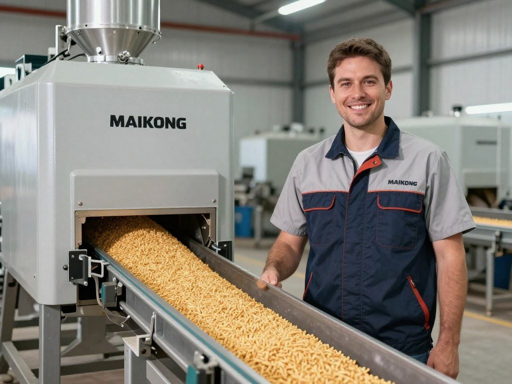 Satisfied customer standing beside operational MAIKONG feed production line in their facility