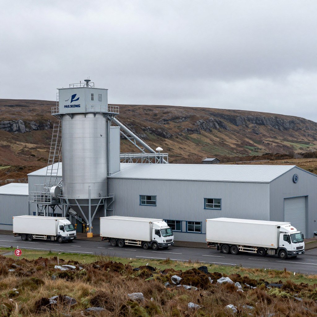 Scottish fish feed production facility exterior showing MAIKONG equipment installation