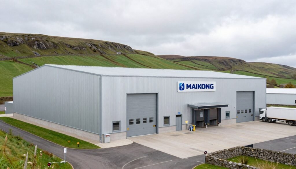 Scottish fish feed production facility exterior showing modern industrial building in rural setting