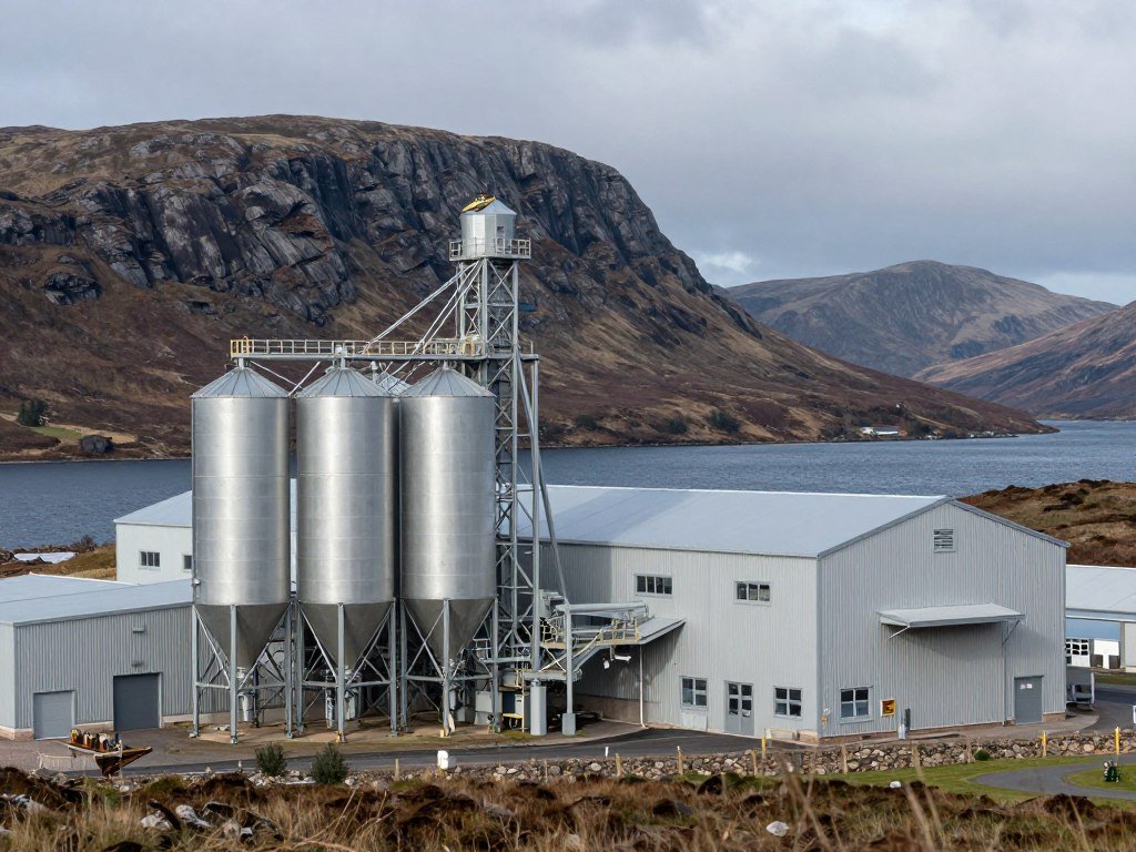 Scottish salmon farm feed production facility exterior view