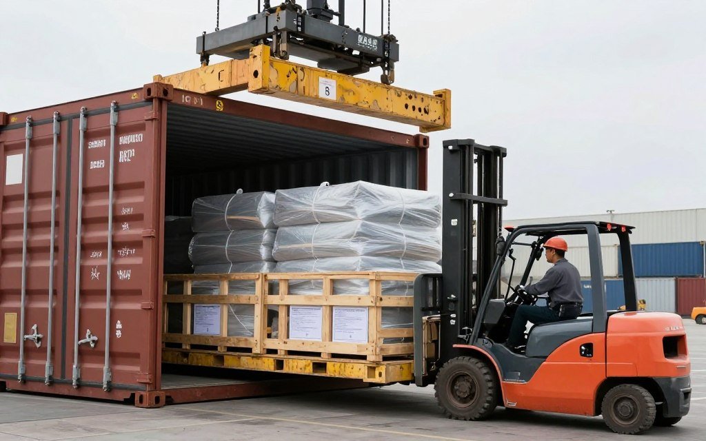 Shipping containers being loaded with MAIKONG feed production equipment for international export