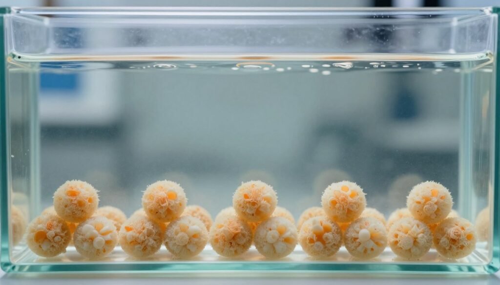 Shrimp feed pellets demonstrating water stability in aquarium test Shrimp feed pellets demonstrating water stability in aquarium test