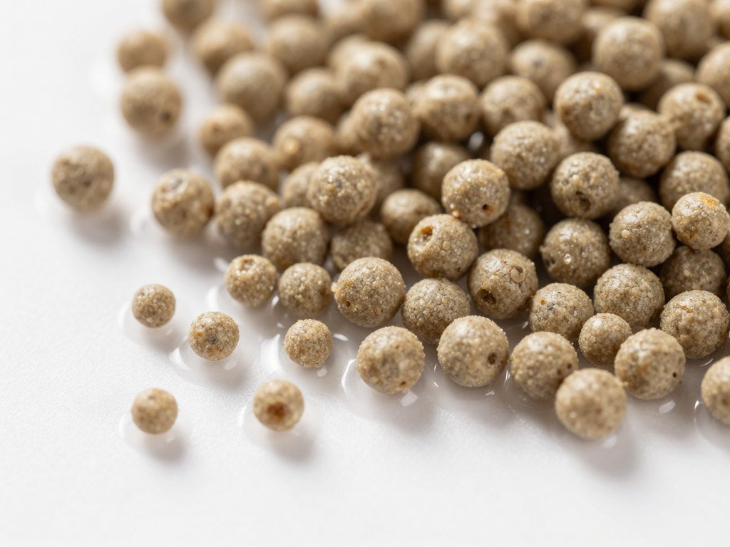 Shrimp feed pellets showing different sizes and water stability Shrimp feed pellets showing different sizes and water stability